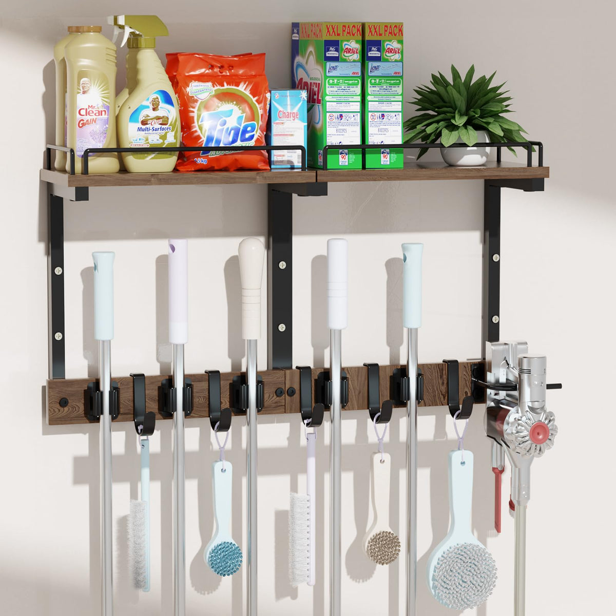 Casremee Mop Holder Wall Mount with Cleaning Supplies Organizer, Wood Mop and Broom Hanger Rack Organizer with Anti-Fall Wall Shelf with 5 Clips & Hooks for Garage Laundry Room Kitchen (Dark)