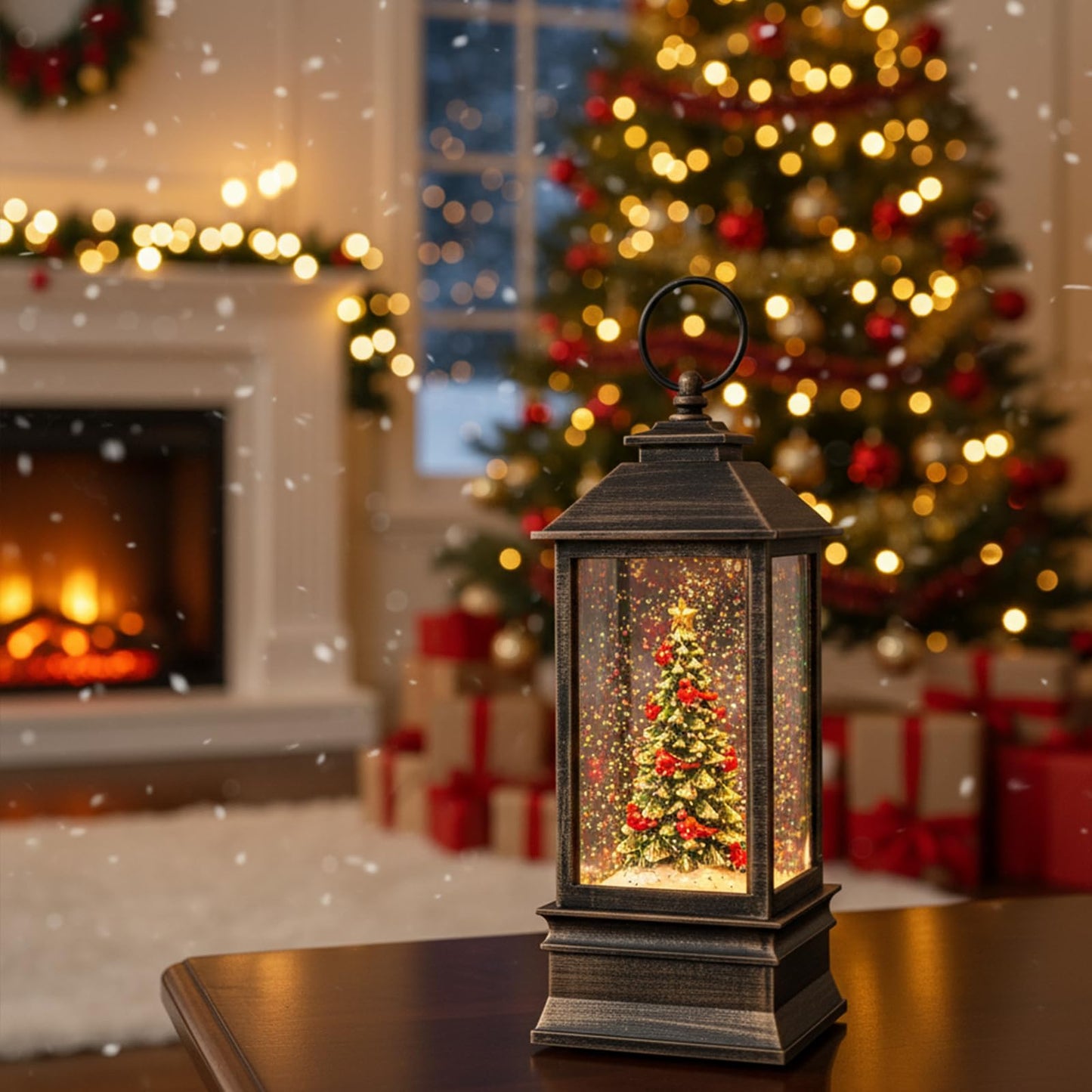 Christmas Snow Globe Lantern Water Glittering Christmas Tree with Music, USB Lined/Battery Operated Lighted Lantern for Christmas Festival Decoration Gifts