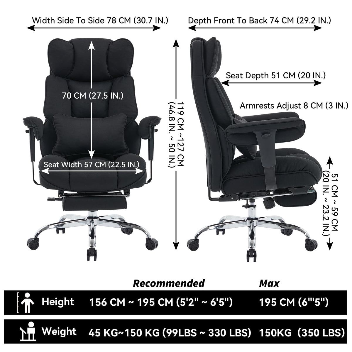 Efomao Big and Tall Office Chair with Footrest - 400lbs Heavy Duty Pocket Spring Desk Chair, 7" Thick Cushion Breathable Fabric Executive Office Chair, Ergonomic Reclining Workstation, Black