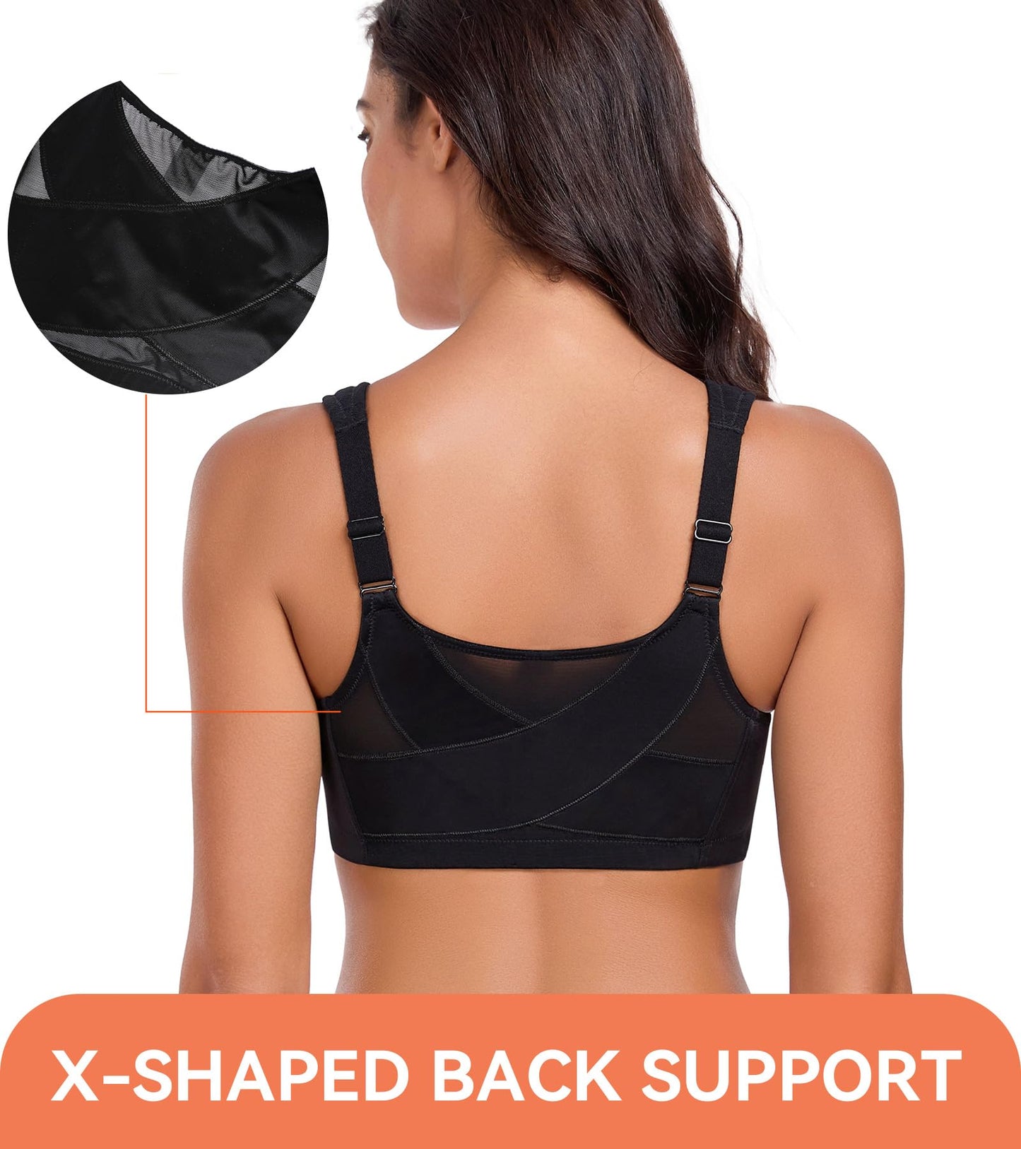 Lemorosy Women's Full Coverage Plus Size Front Closure Posture Back Non-Padded Wireless Support Minimizer Bra (38G, Black)