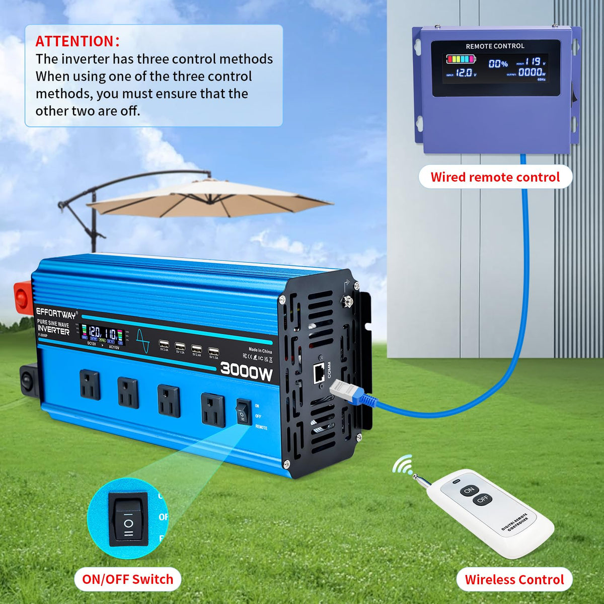 3000w Pure sine Wave Inverter DC 12V to AC 110V/120V Converter, 6000w (Peak) with LCD Display, Wireless/Wired Remote Control, 4AC outlets and 4USB.Ideal for Camping, RV Travel, Off-Grid Solar Systems