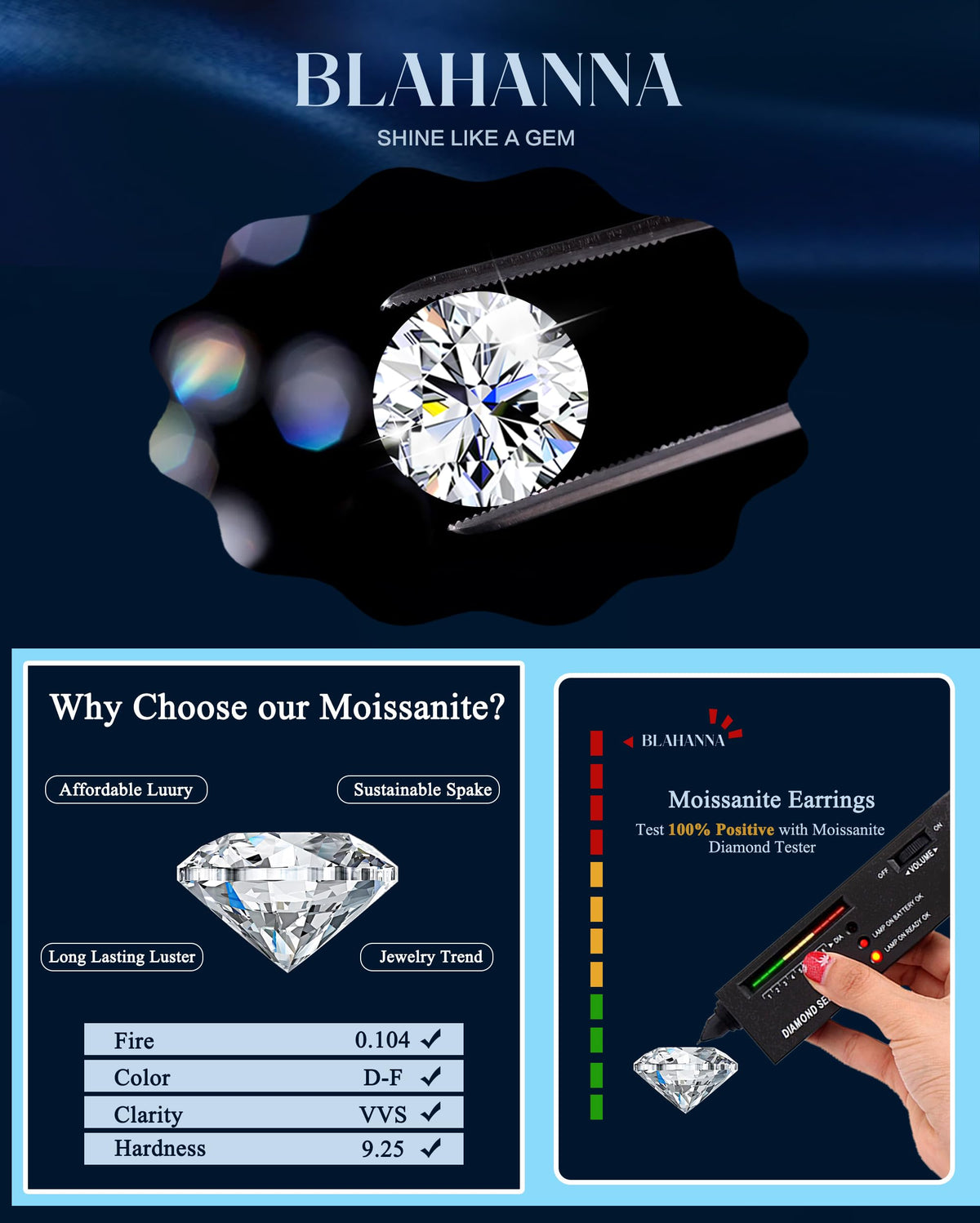 Blahanna Moissanite Earrings,1.0ct D Color Brilliant Round Cut Earrings S925 Sterling Silver Dangle Earrings Moissanite Leverback Drop Earring silver 6.5mm