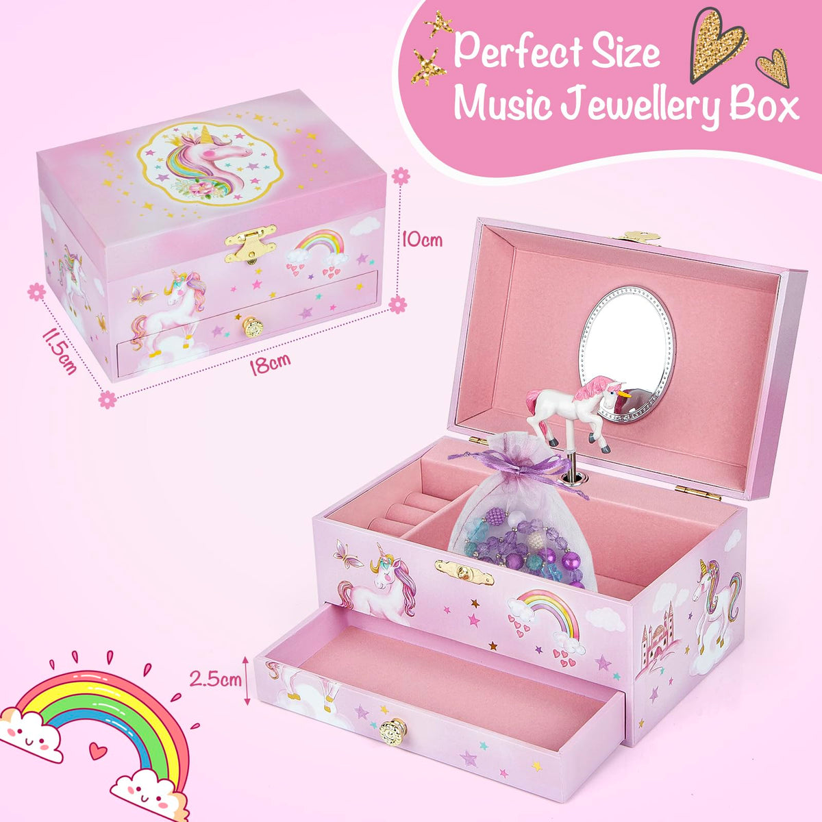 hombrima Music Jewellery Box with Drawer Necklace Bracelet, Musical Jewelry Storage Case with Spinning Ballerina Gift Set for Kids Girls Children Daughter (Pink Horse)