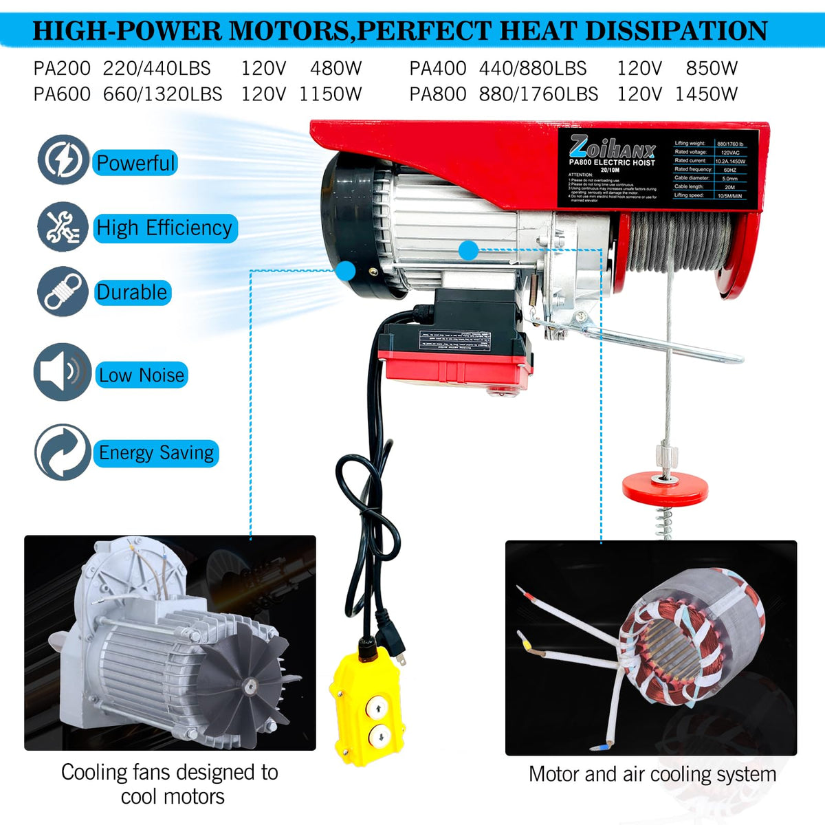 1760 lbs Electric Hoist with Remote Control,Wireless/Wired Electric Hoist 2 in 1,110V Single/Double Slings Steel Lift Hoist Winch for Garage Warehouse Factory