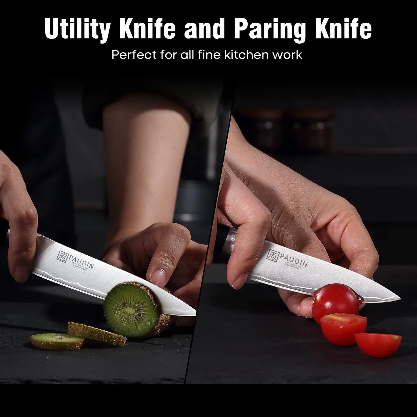 PAUDIN Kitchen Knife Set, 4 Pieces Chef Knife Set, High Carbon Stainless Steel Knife Set, Ultra-Sharp Knives Set for Kitchen with Ergonomic Wooden Handle, Gifts for Men and Women