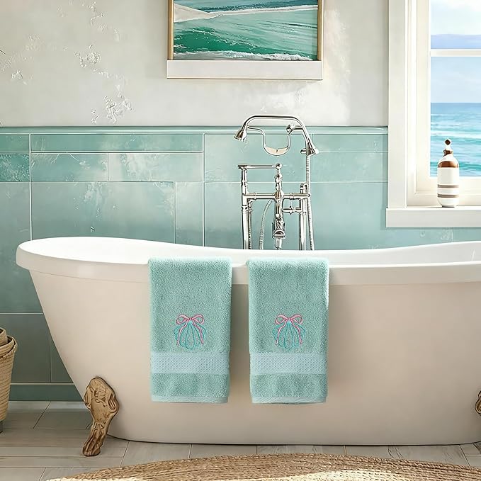 2 Pcs Shell Hand Towels Mint Blue Bathroom Decor 14x29 Inch Embroidered 100%