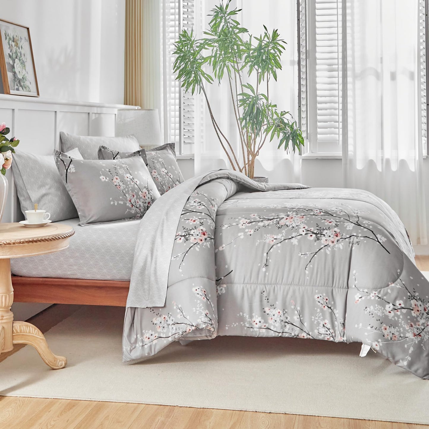 AIKASY Bed in a Bag 7 Pieces Queen Size - Floral Print - Soft Microfiber, Reversible Bed Comforter Set (1 Comforter, 2 Pillow Shams, 1 Flat Sheet, 1 Fitted Sheet, 2 Pillowcases)(Grey, Queen)