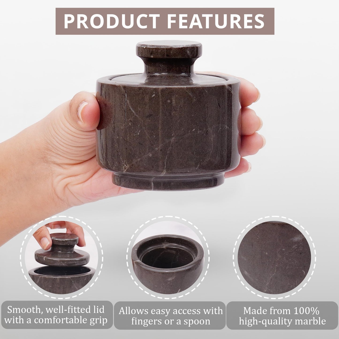 EARTHENTONES Marble Salt Cellar Set of 3, Gray Zebra 3 Inch Spice Storage Jars with Lid, Stylish Marble Tea Coffee Sugar Canisters, Luxury Countertop, Brown Sugar Keeper & Gift for Home Kitchen