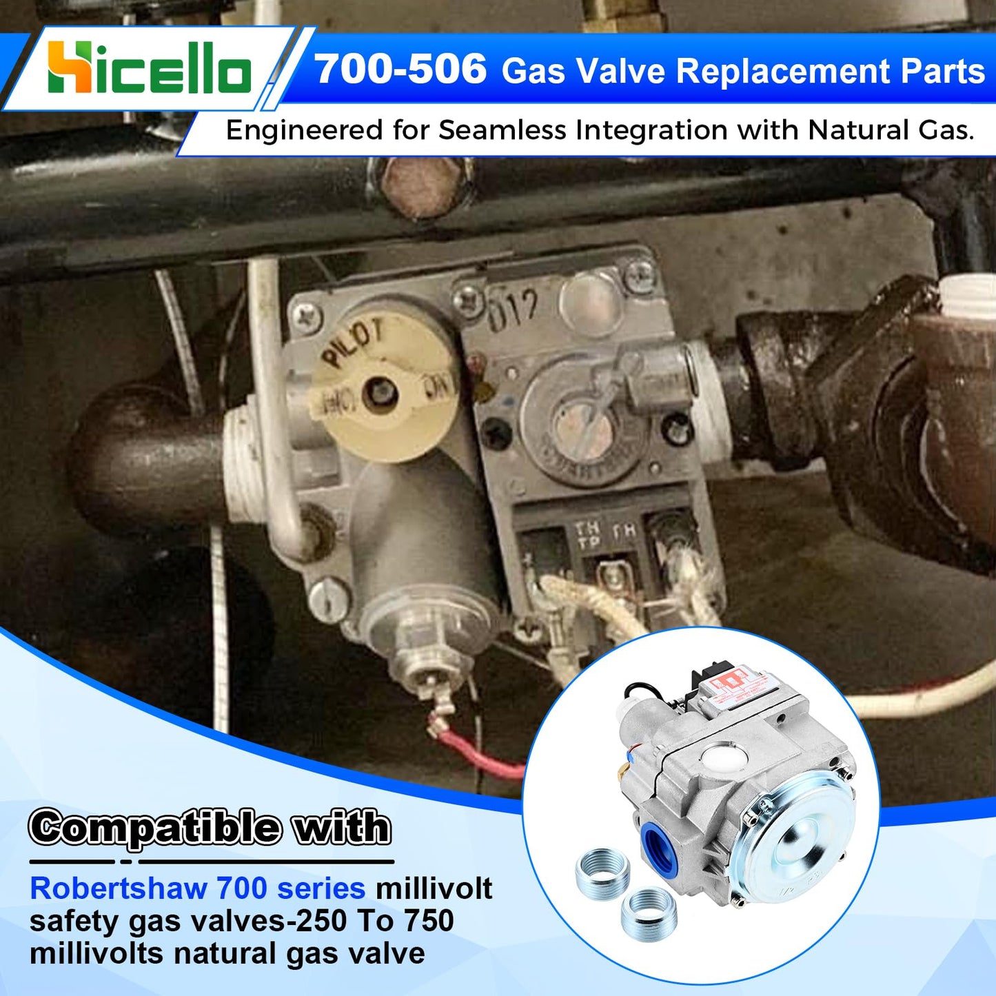 Hicello Replacement for Robertshaw 700-506 Millivolt Gas Valve - 700 Series 200,000 BTU/H Fast Opening, Compatible with Natural Gas Water Heaters, Furnaces & Commercial Gas Fryers