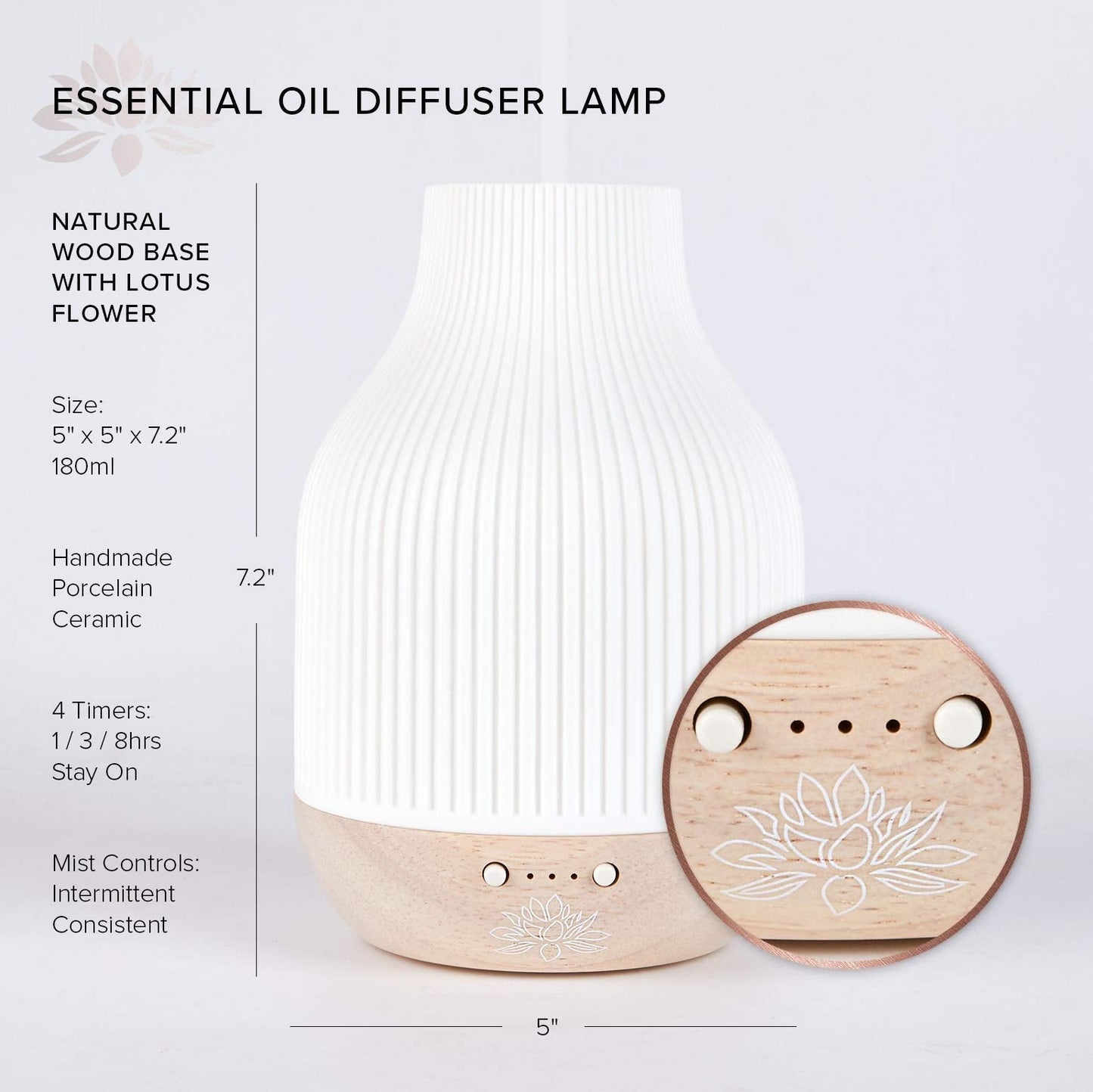 Sacred Lotus Love Ceramic Essential Oil Diffuser – Ultrasonic Aroma Diffuser with Wood Base, Ambient LED Light and Timer Settings