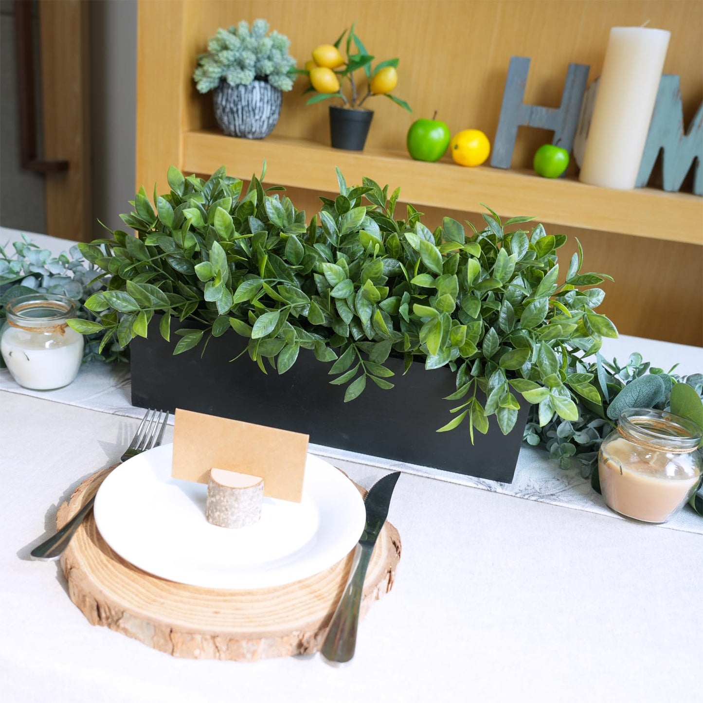 Winlyn 14" Artificial Boxwood Plant Greenery Arrangement Faux Boxwood in Black Rectangular Wooden Planter Potted Herb Plant for Farmhouse Home Decor Wedding Windowsill Mantel Shelf Table Centerpiece