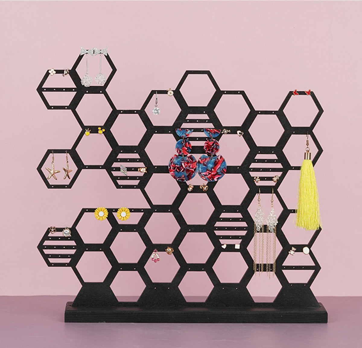 ZHU YU CHUN 1 PC Honeycomb Earring Holder - Multi-functional Earring Organizer and Jewelry Display Stand for Earrings, Ear Studs, and Hooks, Durable and Stylish Desktop Storage(Black)