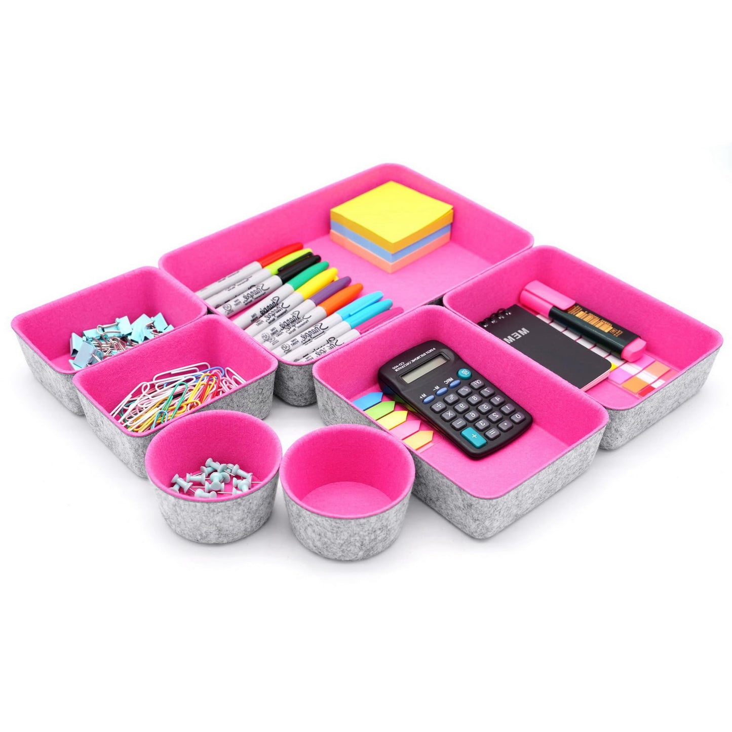 Welaxy Drawer organizers bins felt trays desk storage dividers small round organizing box for office supplies closet cabinet makeup holder 7-piece (Hot pink)