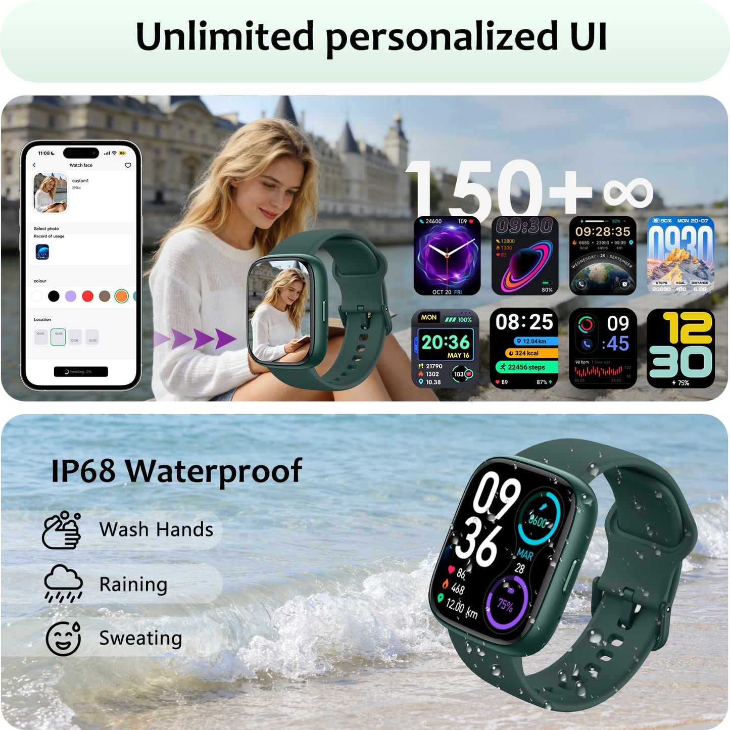 Smart Watch (Answer/Make Call) for iPhone&Android, 1.83" Smartwatches with Sleep Monitor Heart Rate Activity Tracking, IP68 Waterproof, Fitness Tracker 100+Sport, Reloj Inteligente 30 Day+Battery Life