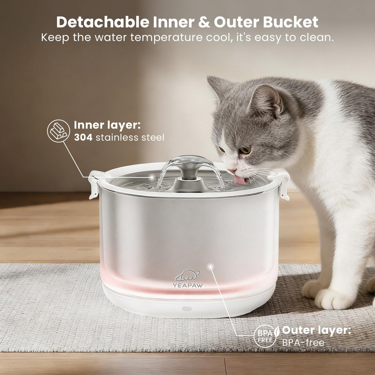 YEAPAW Cat Water Fountain Pumpless Stainless Steel Buckets & Bowl Wireless Pet Water Fountain 2.5L Water Fountains for Cats Indoor Dispenser Easy to Clean BPA -Free White