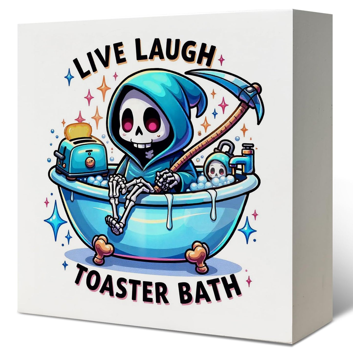 LUKIPOM Live Laugh Toaster Bath Wooden Box Sign, Funny Bathroom Decor, Toaster Bath Bomb Funny Skeleton Wood Signs for Restroom Bathroom Toilet Half Bath Shelf Counter Decor, 5x5 Inch