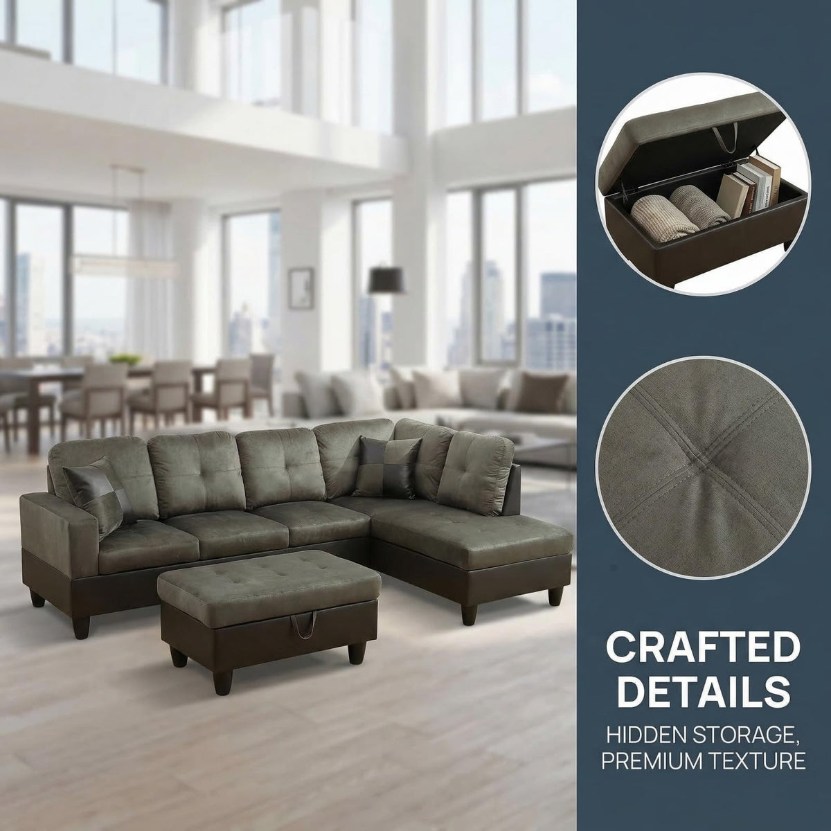 Trygoal 103.5 inch L-Shape Sofa with Storage Ottoman, Flannel Sectional Couch with Right Chaise, Modern 3-Piece Sofa Set, Upholstered Couch Set with Solid Wood Frame for Apartment, Loft, Taupe