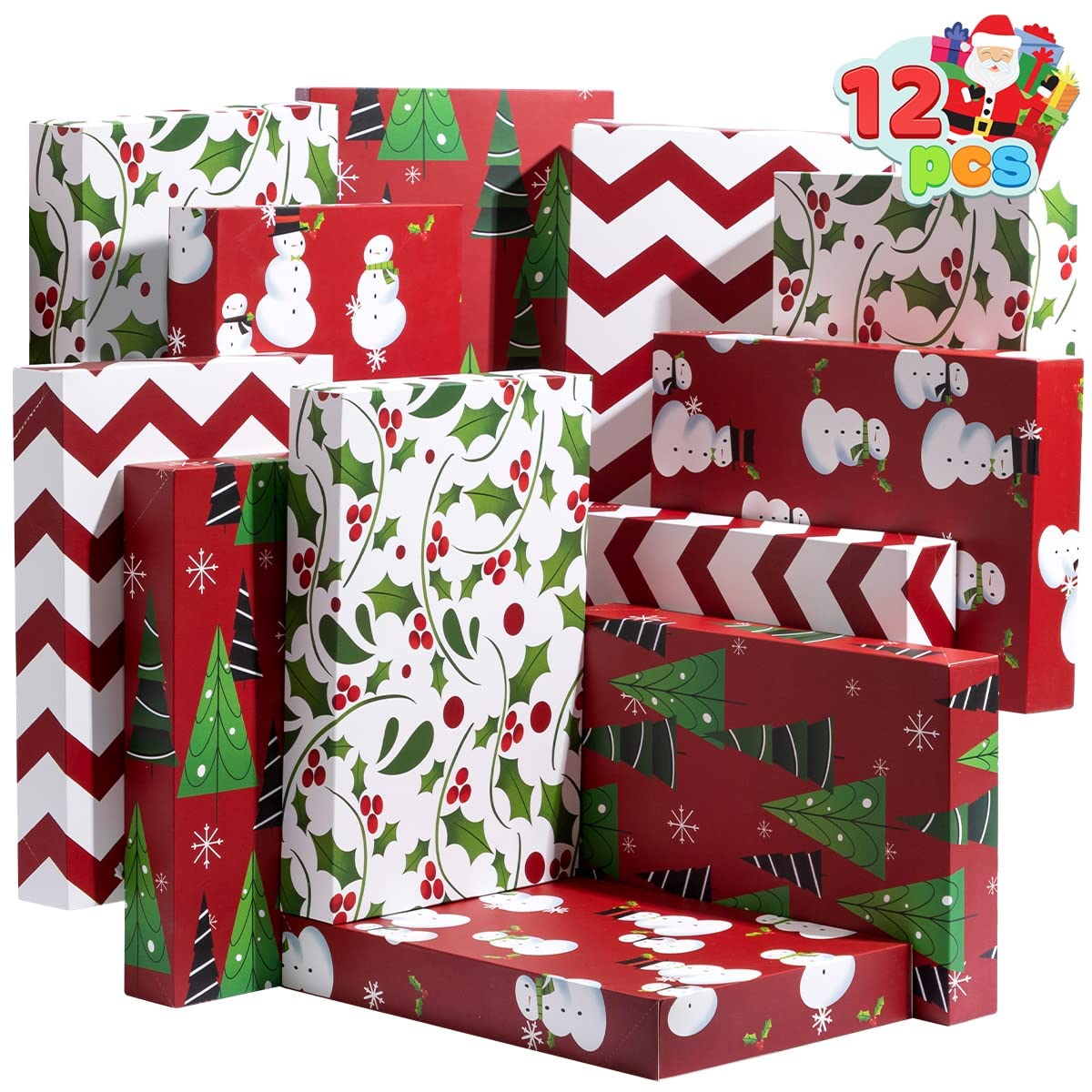 JOYIN 12 PCS Christmas Shirt Gift Boxes with Lids for Presents, Large Robe Cardboard Boxes, Xmas Bright Decorative Box for Clothes, Birthday Holiday Wedding Gift Wrapping Decor, Hat, Sweater and Coat