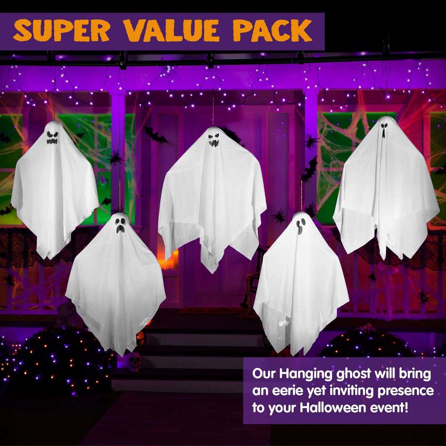 JOYIN 27.5" Halloween Hanging Ghosts Outdoor Decoration(5 Pack), Cute Flying Ghost for Halloween Front Yard Patio Lawn Garden Party Décor and Holiday Hanging Decorations