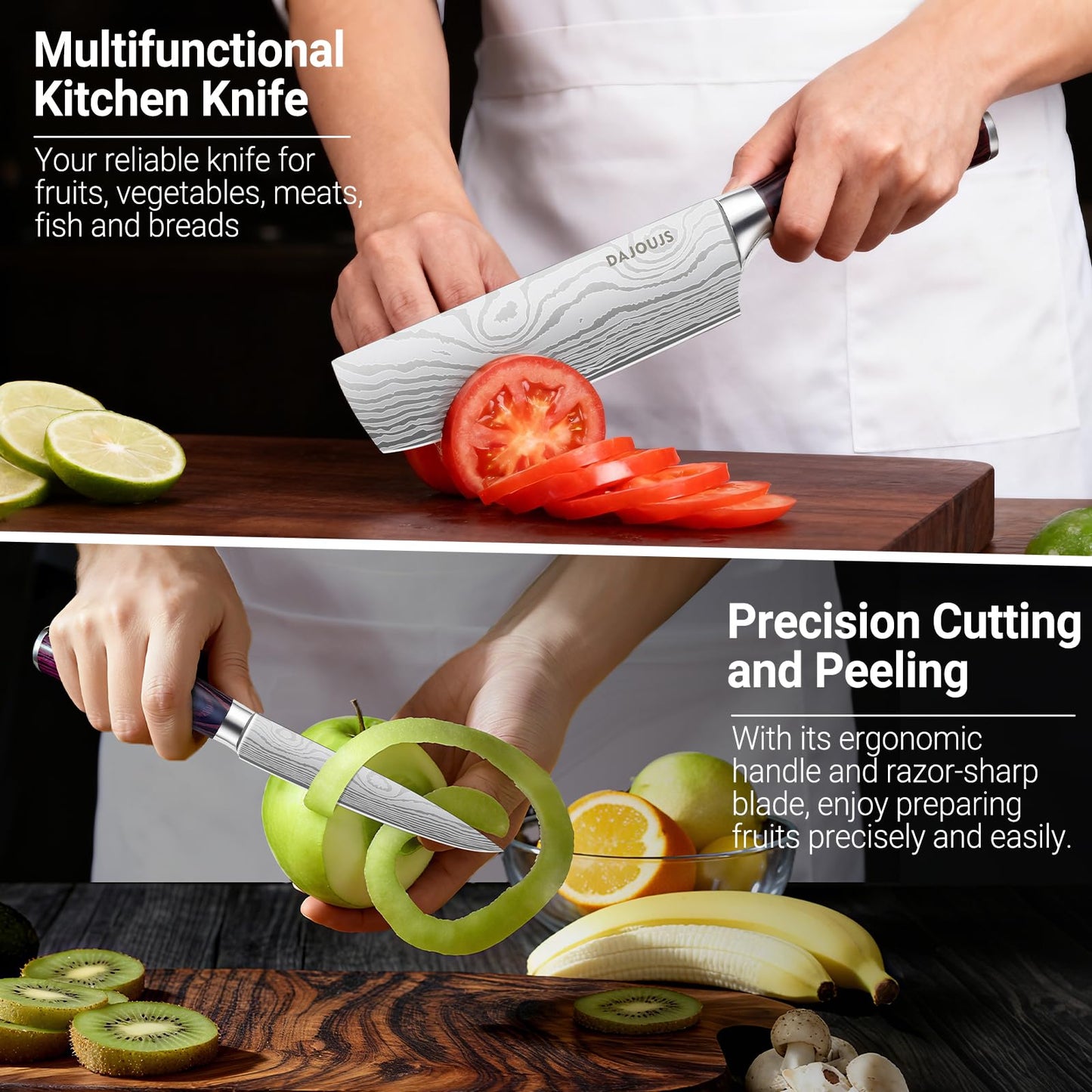 3-Piece Kitchen Chef Knife Set - 8" Chef Knife & 7" Nakiri Knife & 5" Utility Knife, Professional High-Carbon Stainless Steel Ultra Sharp Knives with Ergonomic Wood Handle & Gift Box for Cooking