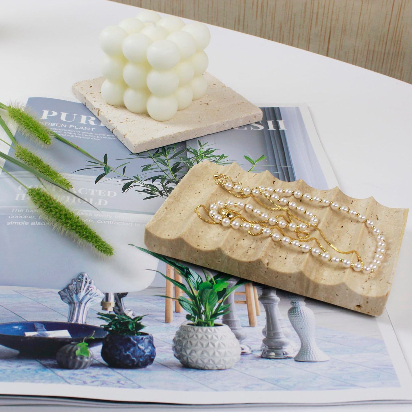 MAGPER HOME Elegant Natural Marble Soap Dish – Zen Stone Soap Tray – Rectangle Non-Slip Soap Holder for Bathroom and Kitchen - Jewelry Display Dish (Beige Travertine)