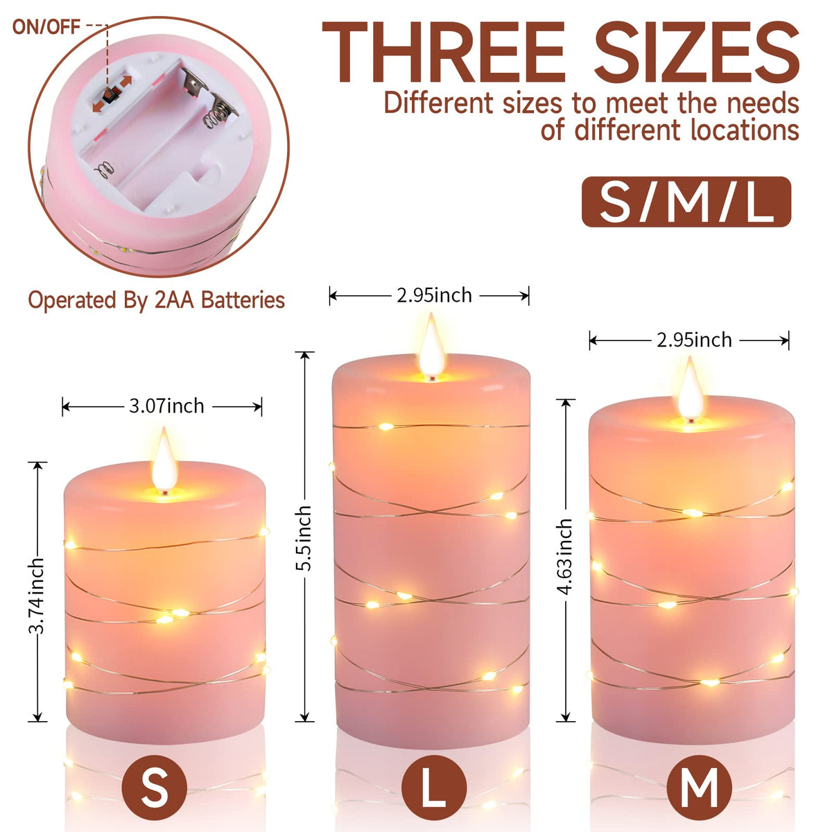 Upinmz Flickering Flameless Candles with Embedded String Lights, Battery Operated Candles with Remote Control and Timer,LED Candles for Home Decoration,Real Wax, 3 Pack Pink