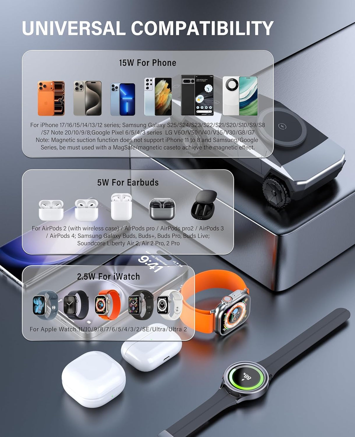 Cyberdock 3 in 1 Charging Stand for AppleDevice,Station for iPhone 17/16/15/14/13/12, Apple Watch10/9/8/SE/Ultra, AirPods 4/3/2/Pro |Adjustable Stand, FastCharging, Cybertruck Design (Silver)