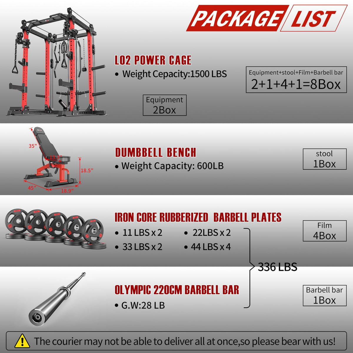 Power Rack Power Cage Multi-Function Squat Rack with Cable Crossover System Selectable More Training Attachment Power Rack for Garage & Home Gym (Red, E Set L02+Weight Bench+(Pole+Cast Iron) 336LBS)
