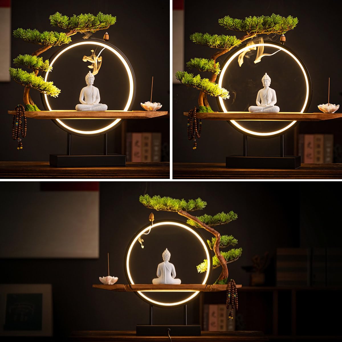TXYXT Shakyamuni Buddha Ceramic Statue Indoor Backflow Incense Burner with Led Ring Light,Meditation Decoration for Home and Office, Suitable for Cone and Stick Incense