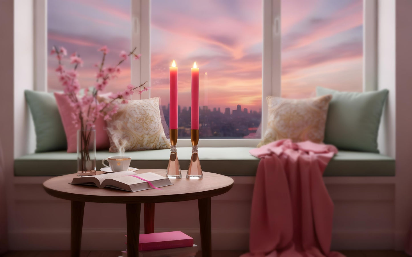 CozierGlow Flameless Taper Candles Flickering with Remote and Timer, 3D Moving Flame Taper Candle Battery Operated to 400 Hours, 9 Inch Window Candles, (Pink-Vertical Stripes)