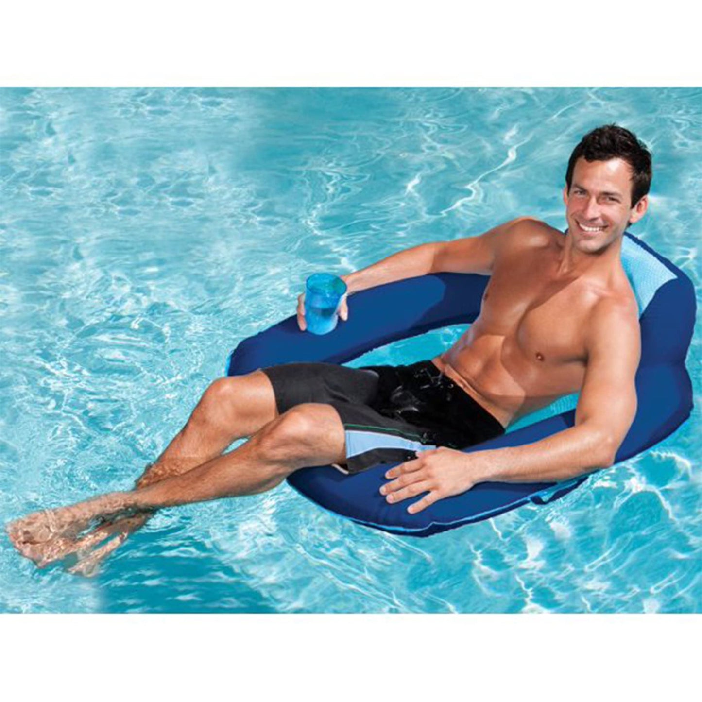 SwimWays Spring Float SunSeat Pool Lounge Chair, Inflatable Pool Floats Adult with Fast Inflation & Back Rest for Ages 15 & Up, Blue
