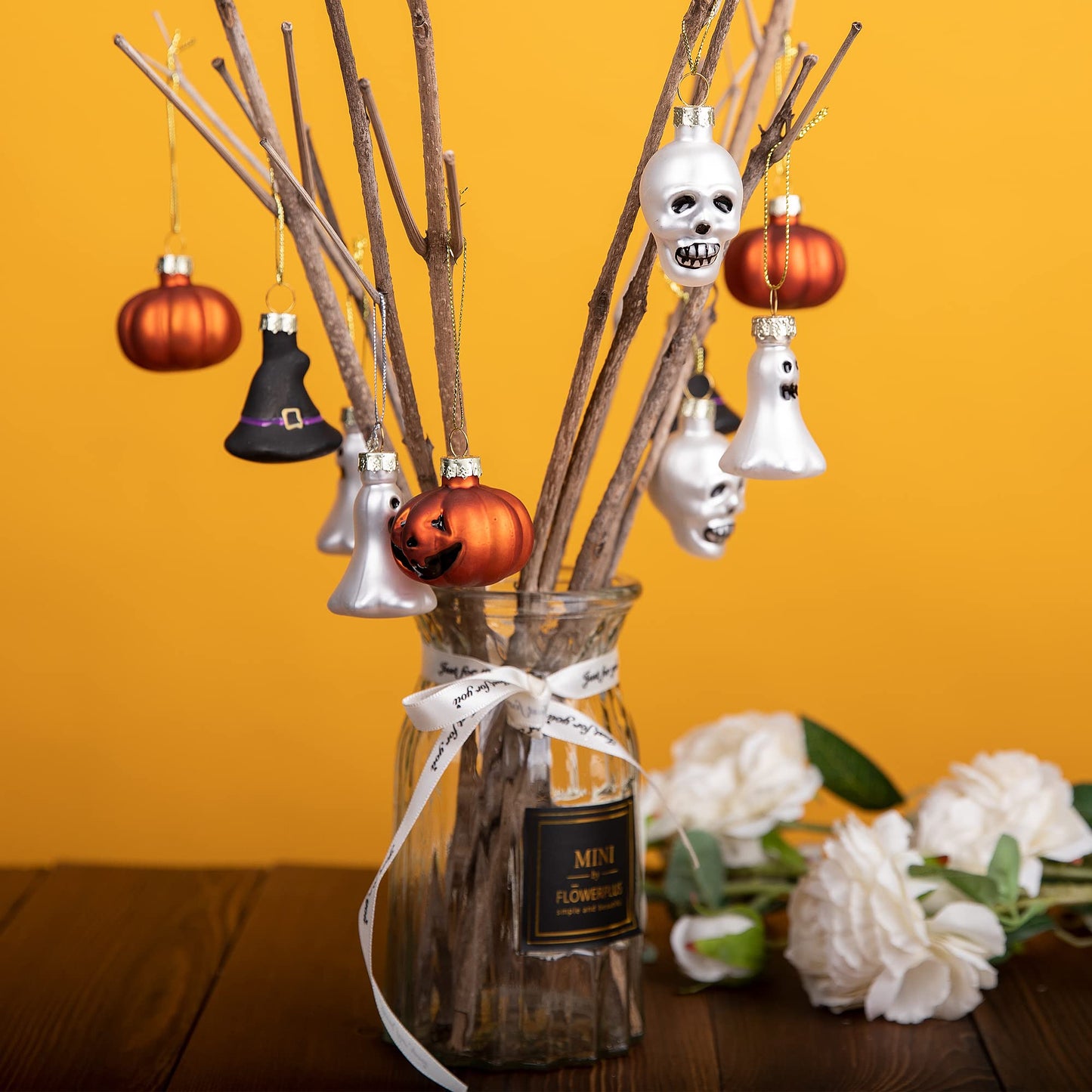Watayo 12 PCS Halloween Glass Ornaments, Halloween Decorations Glass Blown Ornaments with Pumpkin Ghost Skull Witch Hat for Haunted House Party Christmas Tree Home Decoration