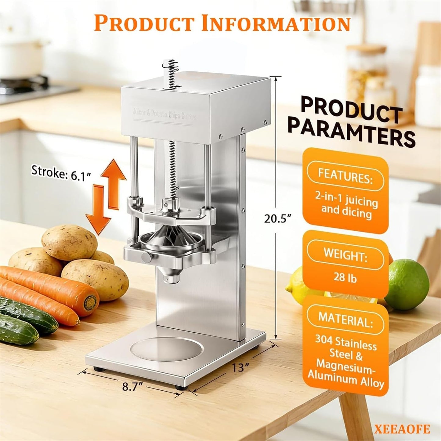 Electric Commercial Juicer and Potato Chips Cutter,Electric French Fry Cutter with Juicer Attachment,Stainless Steel Vegetable Chopper Machine,French Fry Cutter,Commercial Press Squeezer
