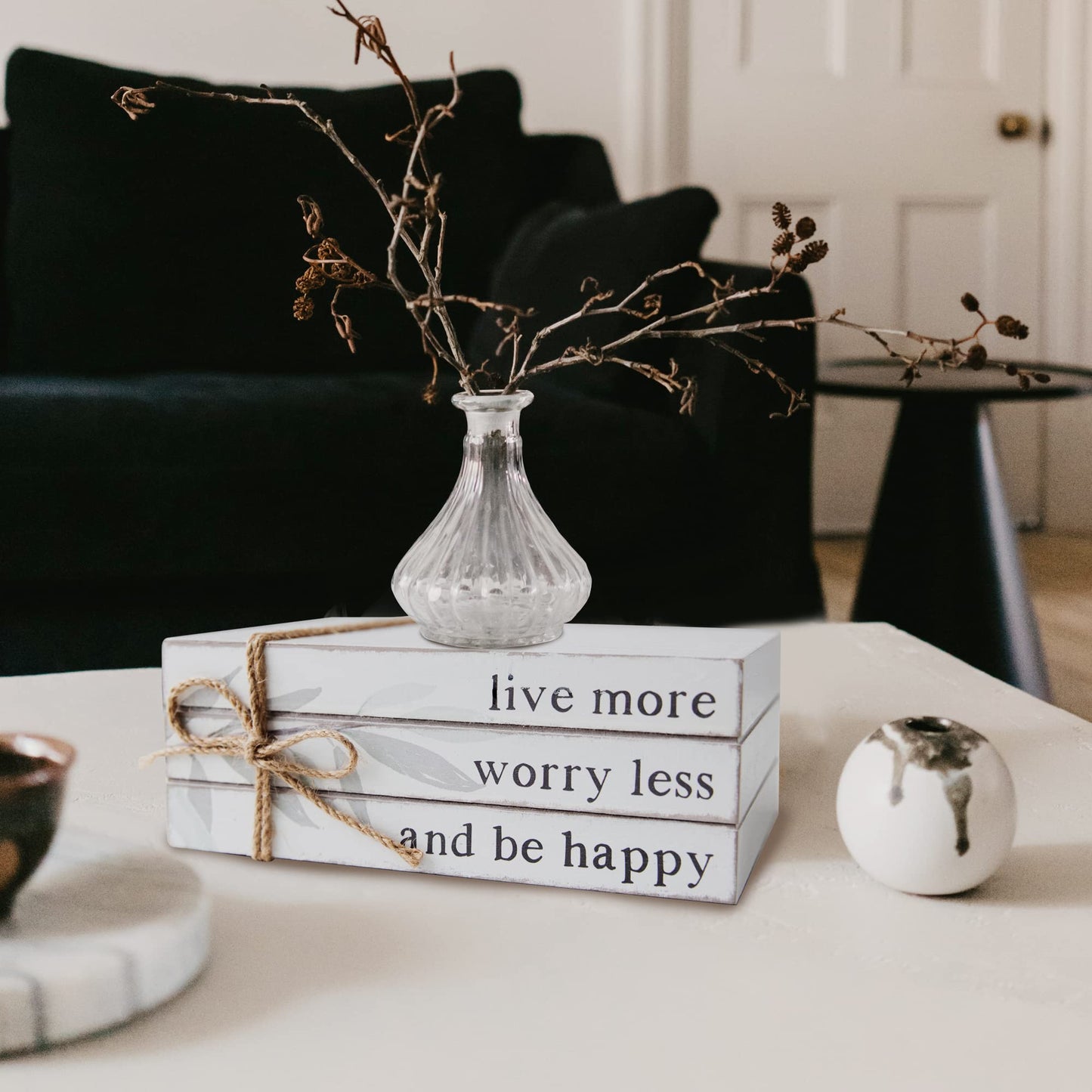 GENMOUS 4pcs White Decorative Books Set, Stacked Wood Faux Books with Wood Bead Tassels for Living Room and Shelf Display, Farmhouse Decor