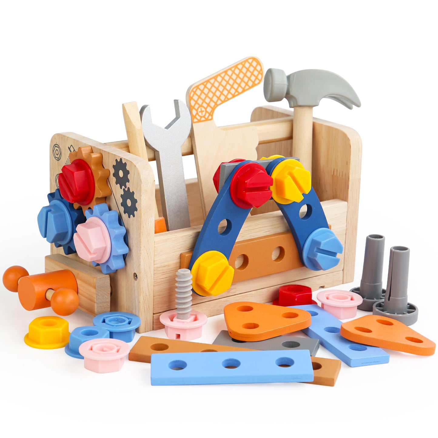 Totatatree Wooden Kids Tool Set, 38PCS Educational STEM Construction Toys for 3+ Toddler, Wooden Tool Bench Montessori Toy Tool Box for 3 4 5 YO Boys & Girls Birthday Gift (36Pcs)