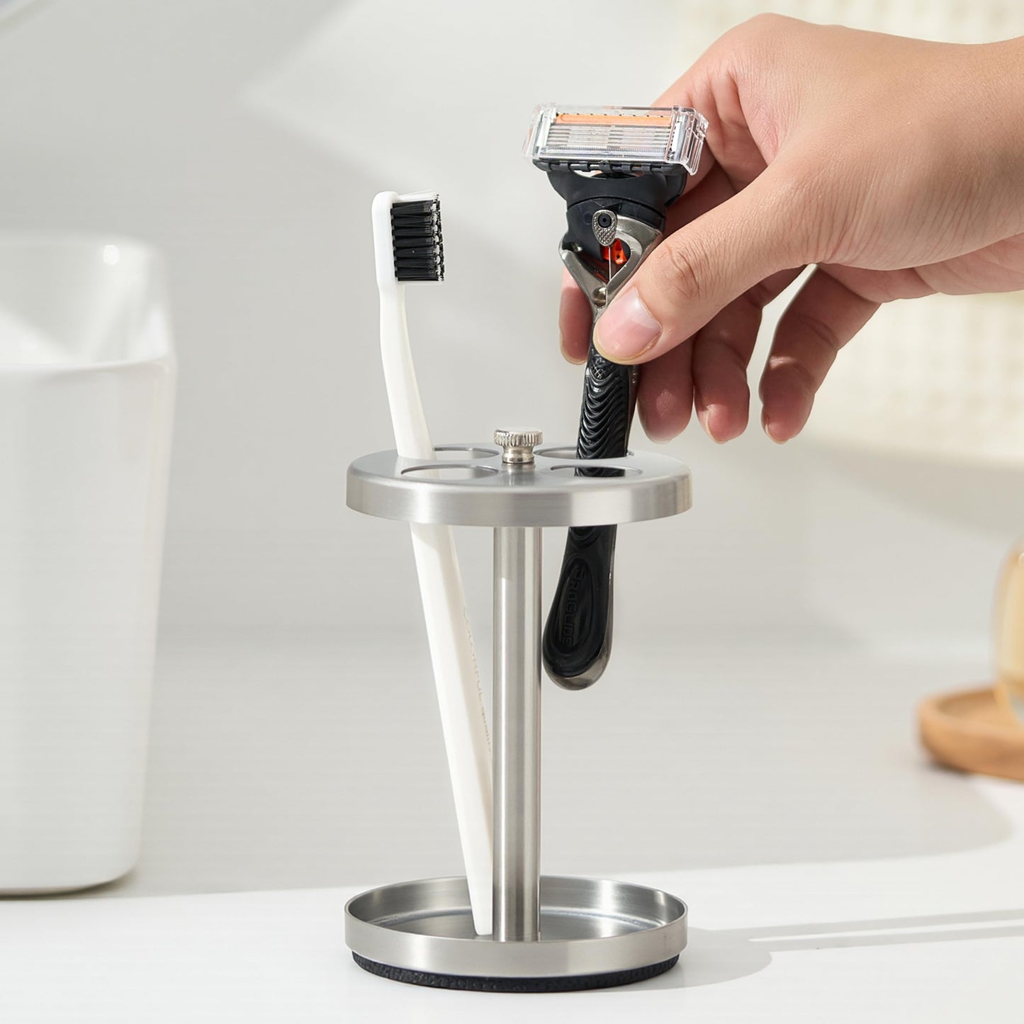 Brushed 18/8 Stainless-Steel Toothbrush Holder Stand: Rustproof Bathroom Countertop Organizer, 4 Ventilated Slots Hold Manual Toothbrushes, Razor