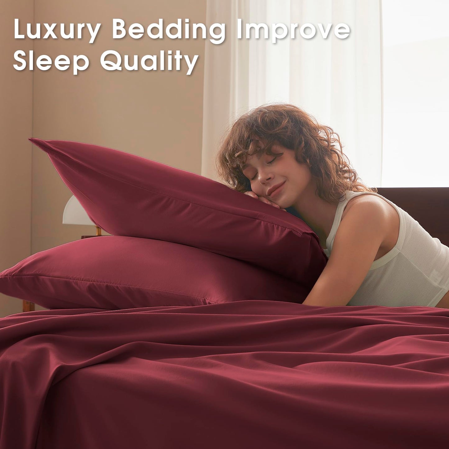 USXIBEI Queen Size 4 Piece Sheet Set - Comfy Breathable & Cooling Bed Sheets Set, Soft and Wrinkle Free, Deep Pockets, Easy & Secure Fit, Hotel Luxury Bedding - Oeko-Tex - Burgundy