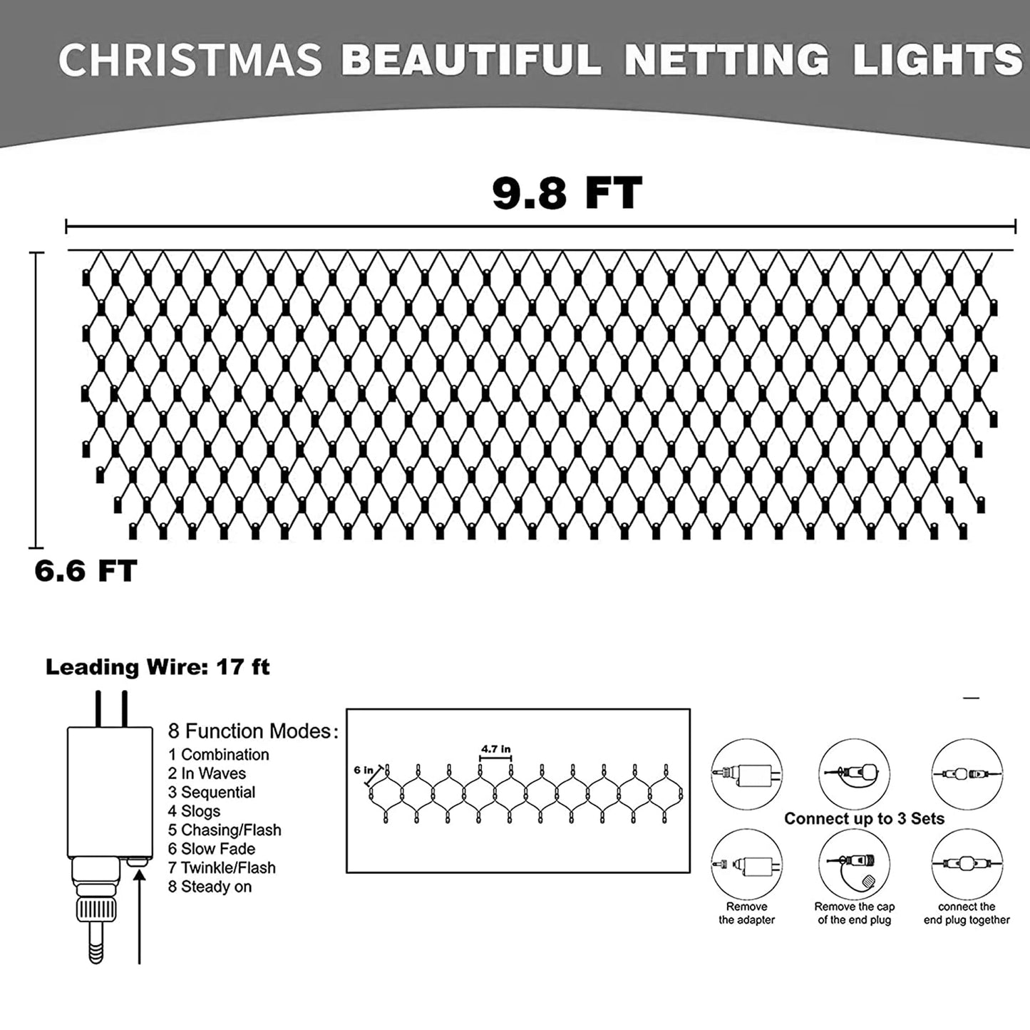 Dazzle Bright Christmas 200 LED Net Lights, 9.8FT x 6.6FT Green Wire Connectable Mesh Lights with 8 Modes, Christmas String Lights for Xmas Indoor Outdoor Garden Party Decorations (Warm White)