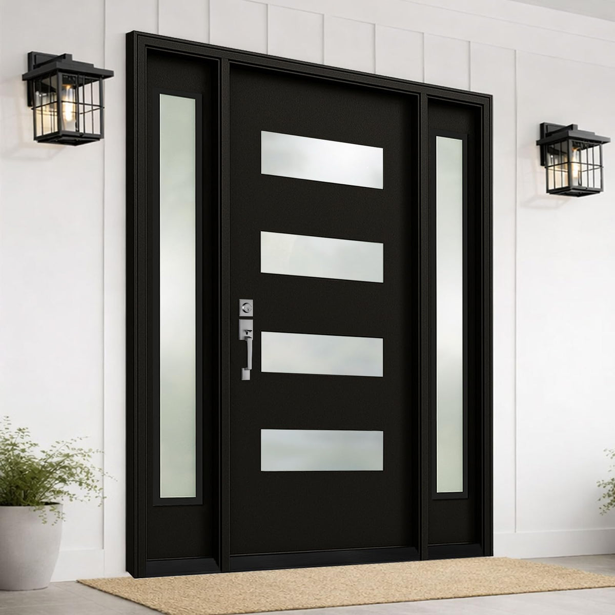 Front Entry Door with Sidelite, Fiberglass Entry Door with Sidelite, 68 x 80 Contemporary Onyx Stain Mahogany-Grain Front Door, 4-Lite Frosted Glass Design, Right-Hand Inswing-Dual 14 in. Sidelites