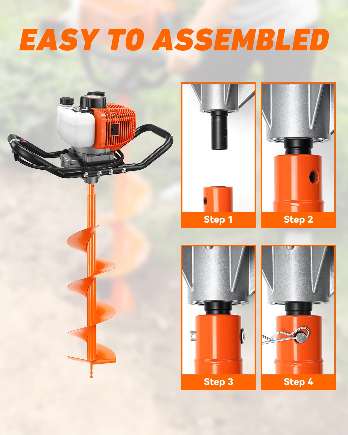 NEO-TEC 63CC Post Hole Digger Auger Drill Gas Powered 2-Stroke & 8" Drill Bits + 1 Extension Bar, Earth Auger Petrol Drill Borer for Garden Lawn Auger Drill Bit for Planting