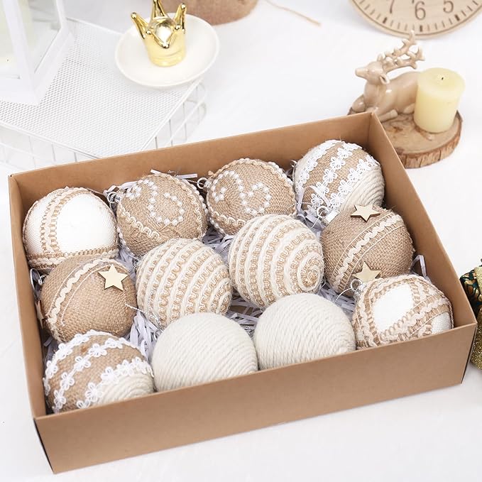12PCS Christmas Ball Ornaments, 3.14"/80MM Boho Shatterproof Christmas Tree Hanging Ball Decorations, for Home Indoor Farmhouse Xmas Vase Bowls Filler Centerpiece Rustic Decor