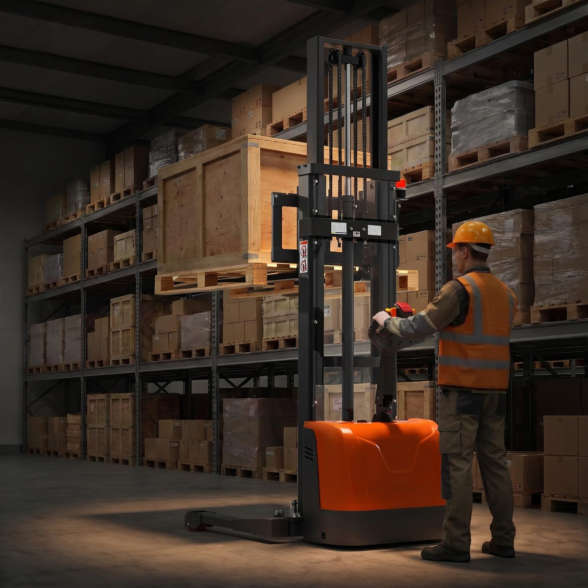 Tory Carrier Full Electric Pallet Stacker, Pallet Forklift, 3300 lbs Capacity, 118" Height Material Lifts, Straddle Legs & Forks Lift, Upgraded Maintenance-Free Gel Battery for Narrow Spaces