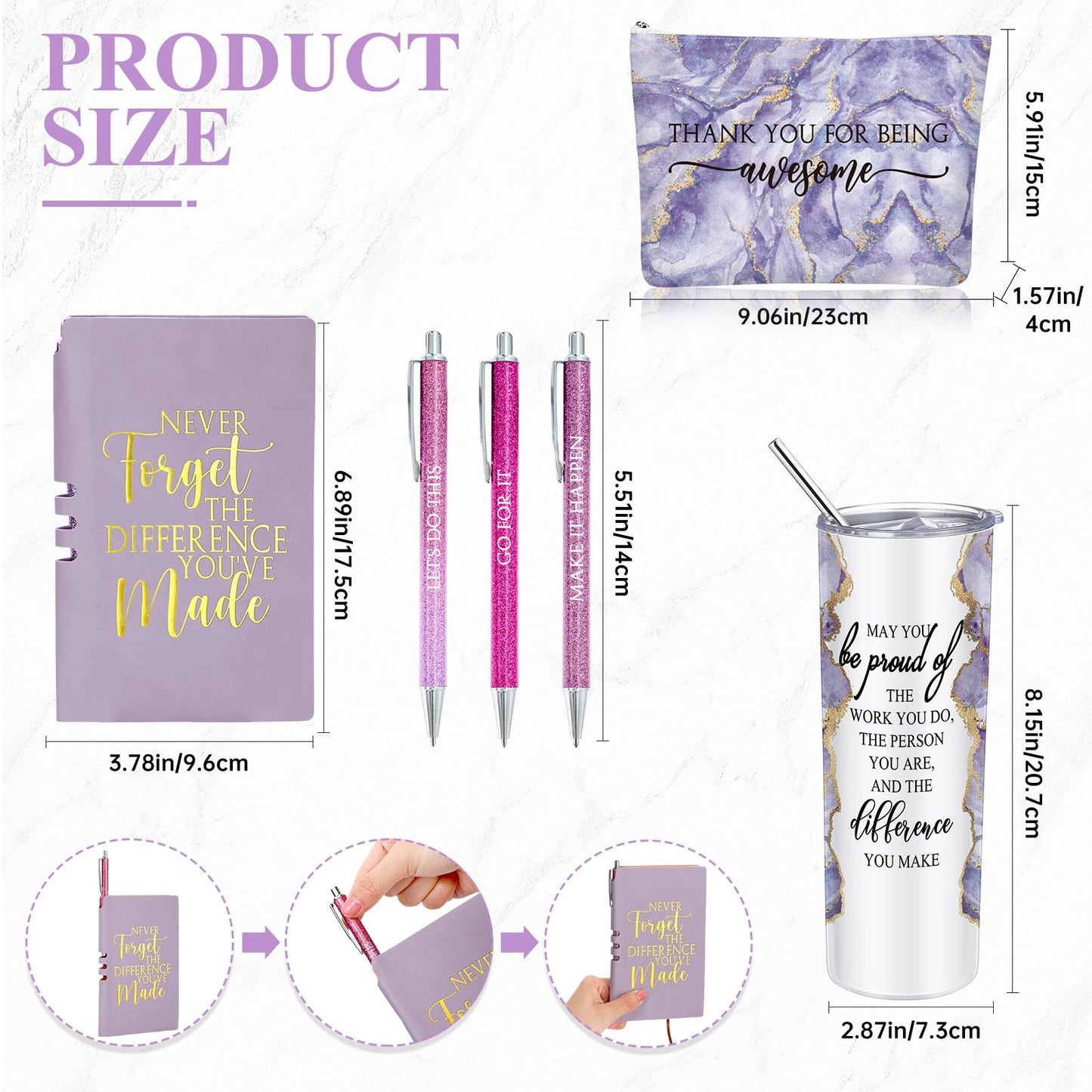 Domensi 6 Pcs Employee Appreciation Gift Set for Women Female Thank You Gift May You Be Proud 20 oz Rustic Marble Sign Tumbler Makeup Bag Journal for Nurse Lady Work Business(Purple)