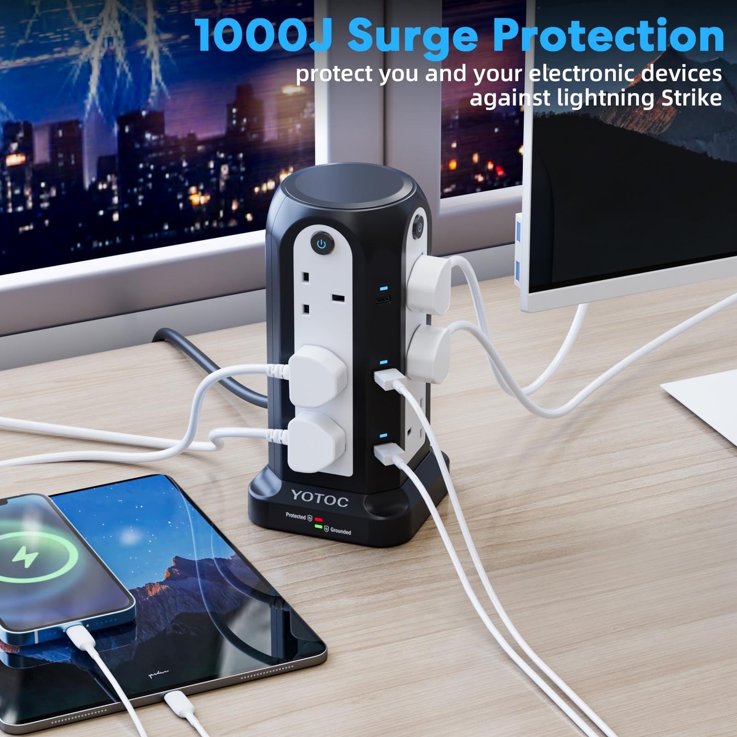 Tower Extension Lead,12 Way Surge Protected Extension Lead with 4 USB(5V 4.8A) Slots,2 USB-C(5V 3A),3250W Power Strip with 4 Individual Switches and 3M/9.8ft Extension Cable for Home,Office,School