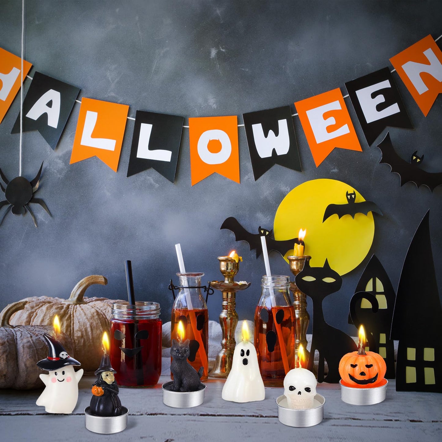 Rossesay 12 PCS Halloween Decoration Ghost Candles Pumpkin Skeleton Cat Witch Cute Mini Candles White Soy Wax Horror Tea Lights Spooky Set for Autumn Halloween Party Home Decorations