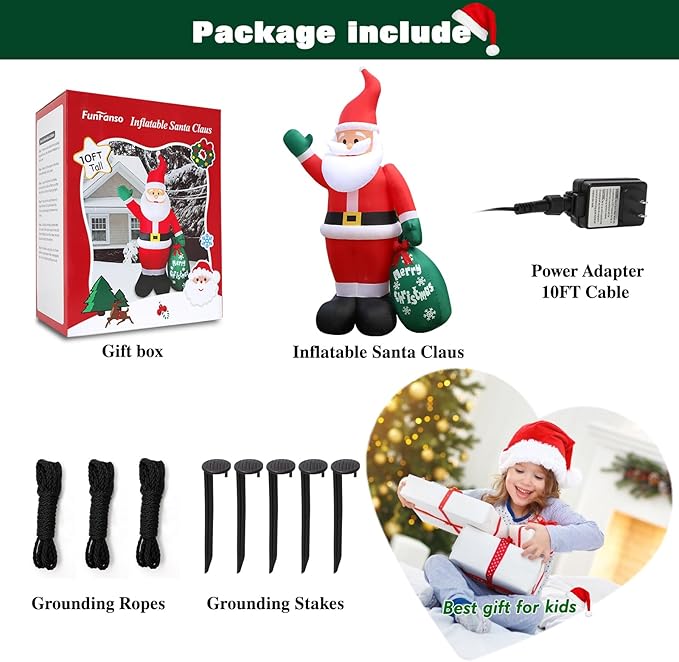 10 FT Christmas Inflatable Santa Claus Outdoor Decor for Yard, Giant Blow up Santa Decoration with Big Gift Bag, Built-in LED Lights for Garden Lawn Home Indoor Winter Holiday Party IP44 Weatherproof