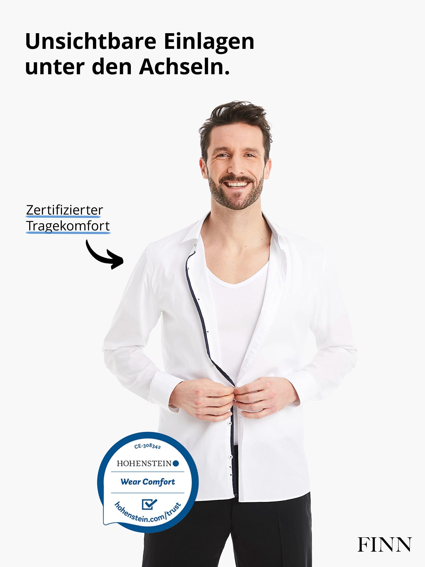 FINN Men's Anti-Sweat Shirt with V-Neck and Integrated Underarm Pads to Prevent Strong Sweating - Undershirt with Guaranteed Protection Against Sweat Stains and Sweat Odour