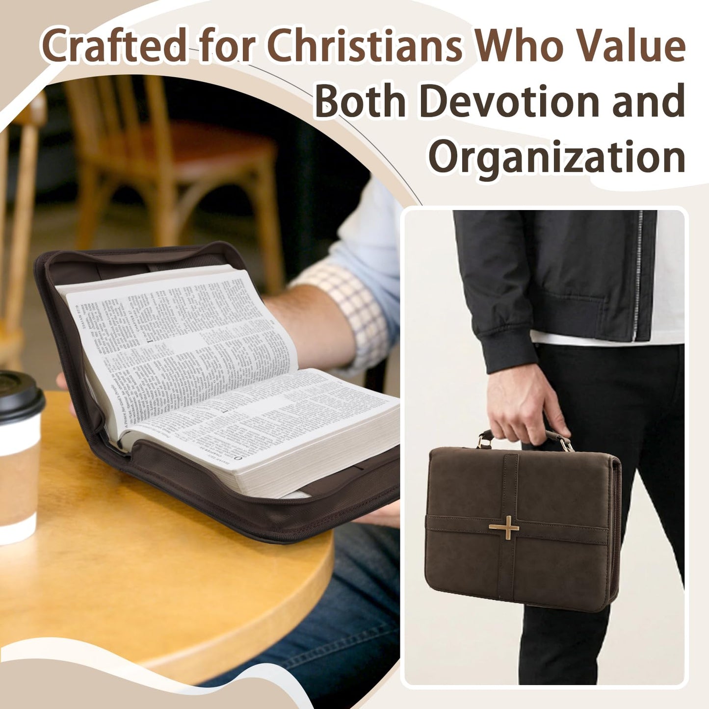 Classic Leather Bible Cover Case with Cross Design and Handle for Men Women, Durable Bible Study Supplies Organizer Carrying Bag, Perfect Christmas Gifts for Christians with Gift Box(Dark Brown