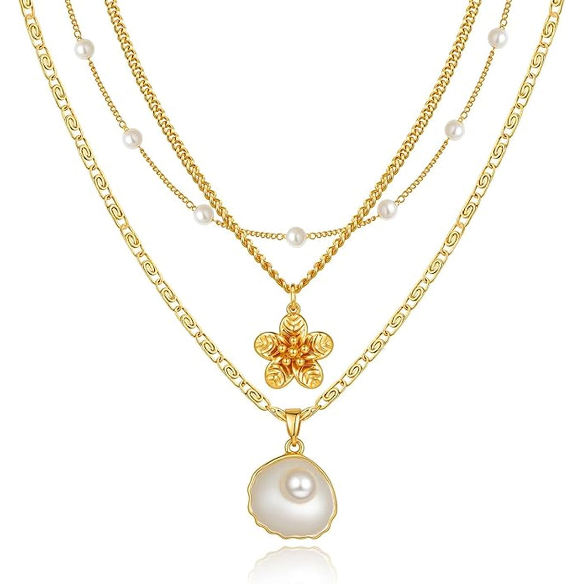 KummerSaprk Seashell Necklace Summer Vacation Jewelry for Women Gold Beachy Necklace Stack Starfish Flower Cowrie Sea Shell Pendant Necklaces Summer Essentials Accessories Gifts