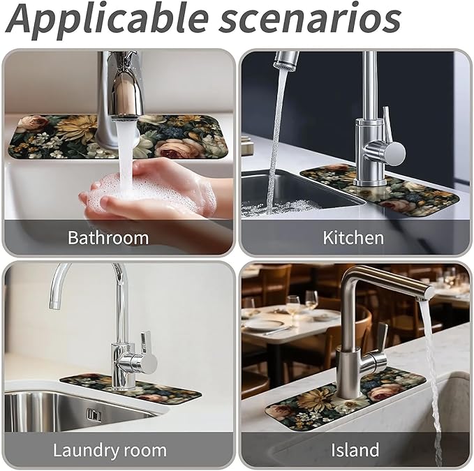 Kitchen Sink Splash Guard,Dark-floral Faucet Mat Sink Gadgets-Super Absorbent